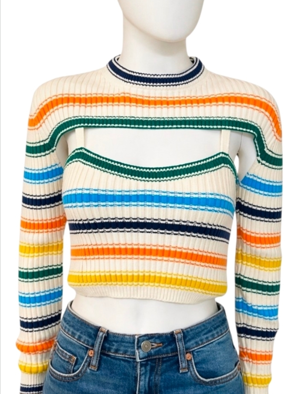 Rosie Assoulin | Rainbow Striped Cutout Wool Cropped Sweater Xs